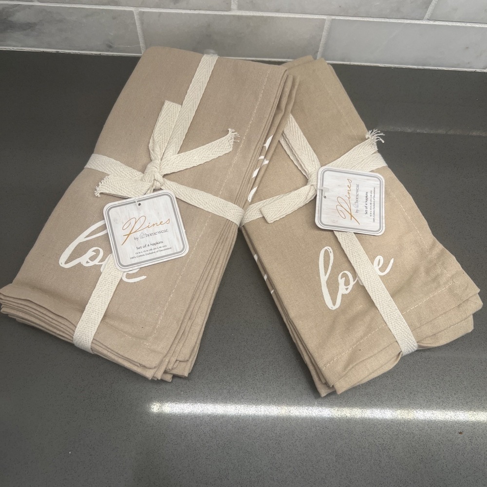 NEW Kirkland Set Of 8 Cotton Cloth Napkins Beige "LOVE"